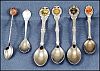 Vintage Lot Assortment Silver Colored Chrome Collectible Souvenir Spoons Set of Six (6) - Happy 10th Anniversary, Ontario Trillium, Anniversary Amish Couple, Christmas Noel, Orange Stone and a Plain Shell