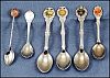Vintage Lot Assortment Silver Colored Chrome Collectible Souvenir Spoons Set of Six (6) - Happy 10th Anniversary, Ontario Trillium, Anniversary Amish Couple, Christmas Noel, Orange Stone and a Plain Shell