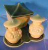 Vintage Ceramic Novelty FIGURAL Salt & Pepper Shaker & Condiment Tray Set PORTUGAL / Japanese Pagoda & Japanese Couple A1833