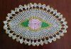 Vintage HAND CROCHET OVAL ROSE FLORAL TABLE DRESSER DOILY / Golden Yellow, Pink & Green 23.5" x 13.5"