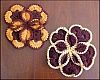 Vintage HAND CROCHET 3-D FLOWER POT HOLDERS Dark Brown, Orange & Yellow Set of Two (2) 8" Diameter