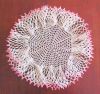 Vintage HAND-CROCHET FILET LACE ROUND TABLE DOILY WHITE / PINK TRIM 15" Diameter