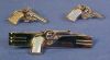 Vintage REVOLVER PISTOL HAND GUN Cufflinks & Tie Bar Tie Clasp Set MOTHER OF PEARL HAND GRIPS Gold Toned Six Shooter 