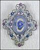 Vintage Silver Tone FILIGREE BROOCH Crystal Iridescent Rhinestones & Pink Pearls Pin / Porcelain Blue Rose Flower