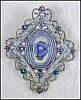 Vintage Silver Tone FILIGREE BROOCH Crystal Iridescent Rhinestones & Pink Pearls Pin / Porcelain Blue Rose Flower