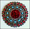 Vintage Round RUBY & TURQUOISE Combination Brooch Pin Scarf /Sash Pin FILAGREE