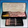 Vintage Sheffield Cutlery Box Set / 6 Serrated Steak Knives, Carving Knife and Sharpener / Bakelite Faux Bone Handles, Sheffield, England