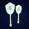 Vintage Ladies Hair Brush & Hand Mirror DRESSER SET Gold Plated & Enamel Flowers