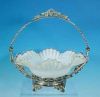 Antique Victorian Silverplate Bride's Bride Fruit Basket with Milk Glass Ruffled Edge Glass Bowl Insert 