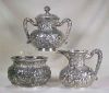 Antique Repousse BARBOUR BROS. SILVER Quadruple Silverplate Tea Completer Set Covered Sugar Bowl, Creamer & Waste Bowl A978