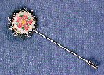 Vintage Silver & Needlepoint STICKPIN / STICK PIN - Pink Rose