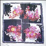 Hand Printed Asian Chinese Black Silk Floral Scarf BASKETS OF FLOWERS Hand Rolled Edges