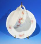 Antique / Vintage ELBOGEN Porcelain China Teacup & Saucer Set Pink Roses & Blue Ribbons