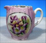 Vintage Porcelain China Pink Ruffled Pitcher with Purple Yellow Flowers and Gold Trim$