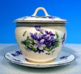 Antique BISTO, ENGLAND ( (Bishop and Stonier Pottery)) Lidded Sugar Bowl VIOLETS / PANSIES