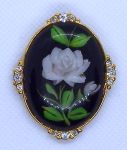 Vintage WHITE ROSE Oval Cabochan Brooch Pin Simulated Diamonds