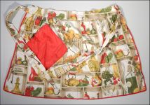 Vintage Hand Made Red Green Cream Cotton Floral HOSTESS APRON Vegetable Pantry Tea Kettle Print 