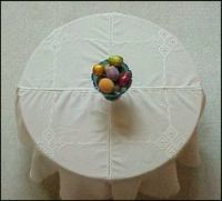 Hand-Loomed Ecru Cotton Linen Round Tablecloth Crochet Cutwork Lace 75" Handmade