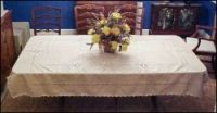 Handmade Cotton Linen Tablecloth with Embroidery and Handmade Lace Taupe, Ecru, Unbleached Cotton Linen 62" x 84"